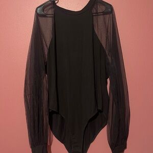 Black Asymmetrical Sheer Long Sleeve Bodysuit